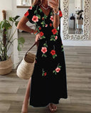 Fashionkova   Summer Beach Maxi Dress For Women 2022 Vintage Loose Short Sleeve V-Neck Split Elegant Boho Floral Sexy Long Dresses Party Robe