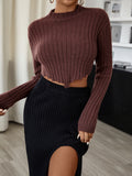 Fashionkova  Dark Brown Wine Red Sexy Slim Fitting Mock Neck Designed Asymmetric Layers Hem Autumn Winter 2022 Women Pullover Sweater