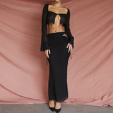 Fashionkova  2022 Summer Y2K See Through Dress Sets Women Long Sleeve Cardigan Crop Top Maxi Skirt 2 Pieces Sets Outfits Co-Ord Sets