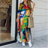 Fashionkova  2022 Women Graffiti Print Long Shirt Dresses Casual Turn-Down Collar Face Print Maxi Dress Ladies Autumn Long Sleeve Loose Dress