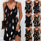 Fashionkova  2022 Summer V Neck Straps Dress Women Sexy Sleeveless Feather Printed Mini Sling Dress Female Casual Loose Party Beach Dresses