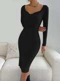Fashionkova  Autumn Woolen Pullover Sweater Midi Dresses For Women Semi Sweatheart Collar Red Black White Slim Fit Winter Bottoming