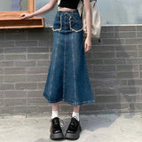 Fashionkova  Y2K Women Streetwear Vintage Knee Length Denim Midi Long Skirt High Waist Straight Grunge Jeans Alt Maxi Jean Skirts Clothes