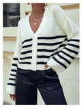 Fashionkova  Black White Strips V Neck Buttons Up Short Tops Open Cardigan Sweater Long Sleeves Autumn Winter Clothing
