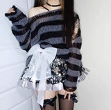 Fashionkova  Gothic Sweater Women Knitted Grunge Striped Pullovers Punk Hollow Out Loose Jumper Goth Alternative Clothing Emo Y2k Top
