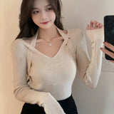 Fashionkova  2022 Women Autumn Thin Knitted Sweater Irregular V-Neck Long Sleeve Slim Knit Pullover Female Chic Solid Color Bottoming Tops