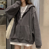 Fashionkova  Women Hoodie Harajuku Korean Version Oversized Solid Color Zip Up Sweatshirt Female Casual Long Sleeve Pocket Hooded Coat Jacket