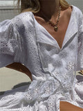 Fashionkova Elegant Women Lace Floral Short Sleeve Mini Dress V-neck Solid High Waist Hollow Out Party Dress Female Vestidos