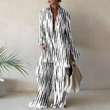 Fashionkova   Striped Print 2 Piece Set Women Loose Long Sleeve Blosue Wide Leg Pants Suit 2022 Elegant Office Ladies Outfits Summer Tracksuit