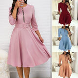 Fashionkova  Elegant Women Solid Half Sleeve Party Dress Autumn Casual Zipper Knee-Length Midi Dresses Ladies Big Swing Club Dress Vestidos
