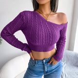 FashionKova Sexy Knitted Sweater Women Sexy One Shoulder Crop Top Casual Long Sleeve Tops  Hollow  Autumn Winter Pullover