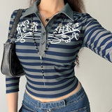 Fashionkova  Goth Print Tops Stripe Cute Y2K T-Shirts Dark Academia Techwear Button Up V Neck Half Sleeve Sweat Shirts Grunge Tees