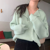 Fashionkova  New Knitted Sweater Women Elegant Lazy Oaf Coarse Yarn Striped Cashmere Pullovers Coat V-Neck Long Sleeve Female Jumpers