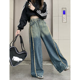 Fashionkova Blue Women Jeans High Waist Fashion American Spliced Design Y2K Oversized Chic Wide Leg Jean Female Trouser Baggy Denim Pants