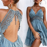 Fashionkova  2024 Summer Women Mini Dress Sexy Spaghetti Strap Lace Dresses Ruffle Hem Beach Party Sundress Backless High Waist Female Dress