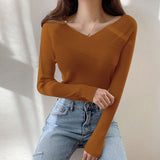 Fashionkova  Autumn Winter Off The Shoulder Solid Color Slim Long Sleeve Knitted Tops For Women's Casual  All Match Chic Sweater