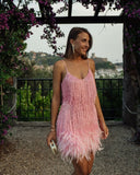 Fashionkova  Sequins Tassel Feather Mini Dress Women 2022 Summer Spaghetti Strap V-Neck Backless Evening Party Club Elegant Dresses Sexy Prom