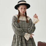 FashionKavo Original Design Retro Plaid Lantern Sleeve Dress Niche Sweet Gentle Gentle Wind Skirt Autumn Clothes  J0037