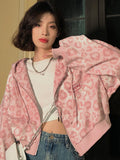 Fashionkova  Preppy Style Pink Sweatshirts Leopard Print Y2K Harajuku Oversized Hoodies Women Vintage Zipper Cropped Top Cute Jacket
