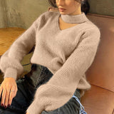 Fashionkova  Winter New V Neck Sweater Women Soft Warm Solid Knitted Female Pullovers Loose Basic Knitwear Imitation Mink Down Jumper