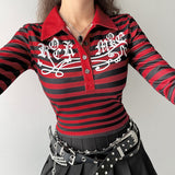 Fashionkova  Goth Print Tops Stripe Cute Y2K T-Shirts Dark Academia Techwear Button Up V Neck Half Sleeve Sweat Shirts Grunge Tees