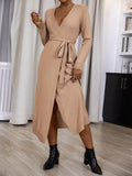 Fashionkova  Khaki Brown Tan V Neck Wrap Over Belt Waist Side Split Knit Pullover Sexy Women Autumn Winter Elastic Long Sweater Dress