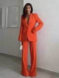 Fashionkova  Fashion Women Orange Single Button Flap Pocket Blazer Jacket High Waist Straight Trousers 2 PCS Set For Office Lady Streetwear