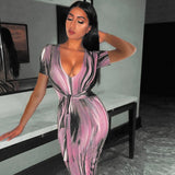 Fashionkova  Sexy Bandage Dress Waist Illusion Dress 2022 Women V-Neck Maxi Dresses Ladies Tie-Dye Wave Print Party Dresses Tight Dresses