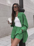 Fashionkova  Fashion Women Green Shirt & Elastic Waist Shorts 2 PCS Summer Set Casual Girls For Holiday Solid Color New Arrival Streetwear