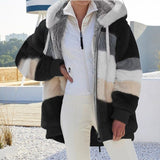 Fashionkova  Women Warm Plush Jackets Autumn Winter Faux Fur Patchwork Oversize Zipper Outwear Ladies Elegant Loose Fleece Hooded Coat Jacket