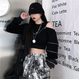 Fashionkova  Techwear Goth Cropped Hoodies Women Harajuku Off Shoulder Oversize Sweatshirts Black Zip Up Top Hip Hop Streetwear Punk