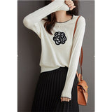 Fashionkova  Camellia Cashmere Embroidered Long Sleeve T-Shirt Knit Blouse Women's Spring And Autumn Korean Style Loose Thin Sweater