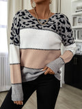 Fashionkova  Wide White Leopard Grey Strips Long Sleeves O Neck  Autumn Winter 2022 Women Pullover Sweater Office Lady