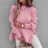 Fashionkova  Women Sweater 2022 Autumn Winter Casual Solid Color Long Lantern Sleeve Pullover Female Fashion Side Slit Loose Knitted Sweaters