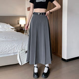 Fashionkova Grey Long Pleated Skirt Women Autumn 2023 Casual Vintage High Waist A-line Midi School Skirt for Girls Korean Style