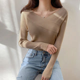 Fashionkova  Autumn Winter Off The Shoulder Solid Color Slim Long Sleeve Knitted Tops For Women's Casual  All Match Chic Sweater