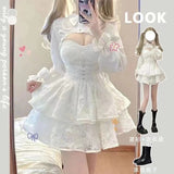 Fashionkova  Lolita Dress For Grils Kawaii Bow Lace White Cascading Ruffl  Fairy Dress JSK Straps Birthday Party Quinceanera Dresses 2 Piece