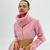 Fashionkova Y2k Sweaters Women Pink Long Sleeve Button Sexy Patchwork Plush Cropped Turtleneck Autumn Winter Gyaru Short Sweaters