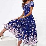 Fashionkova  Fashion Square Neck Party Dress For Women Summer Elegant Floral Printed Long Dresses Casual Short Sleeve Big Swing Dresses