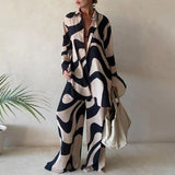 Fashionkova   Striped Print 2 Piece Set Women Loose Long Sleeve Blosue Wide Leg Pants Suit 2022 Elegant Office Ladies Outfits Summer Tracksuit