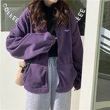 Fashionkova  Women Zipper Hoodies Letter Printed Loose Long Sleeve Plus Velvet Sweatshirt Autumn Harajuku Streetwear Pocket Lapel Jackets