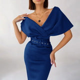 Fashionkova  V-Neck Off The Shoulder Elegant Dress For Women 2022 Summer Evening Party Bodycon Midi Dress With A Belt Black White Dresses
