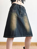 Fashionkova Y2k Streetwear Jeans Skirt Women Vintage Low Waist Knee-Length Distressed Butterfly Diamond Denim Skirt Autumn Gyaru