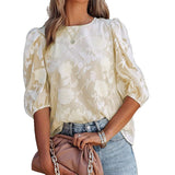 Fashionkova   Solid Flower Embroidery Blouse For Women Elegant O Neck Half Sleeve Womens Tops And Blouses Spring Summer Shirt Blusa