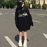 Fashionkova  Gothic Oversized Hoodies Women Harajuku Hip Hop Black Graphic Sweatshirts Loose Casual Crewneck Tops Streetwear Grunge