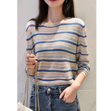 Fashionkova  Hollow-Out Color Stripe Cashmere Knitwear Women Spring And Autumn Style Base Wool Sweater Blouse Loose Sweater
