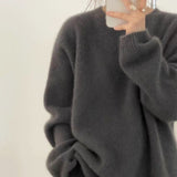 Fashionkova  European Goods Autumn Winter New Round Neck Cashmere Sweater Female Thick Languid Lazy Wind Dark Gray Sweater Loose Knit Sweater