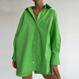 Fashionkova  Women Tracksuits Shirt With Mini Shorts Cotton Summer 2022 Casual Clothes Loose Long Sleeve Green Suit Two Pieces Sets Outfits