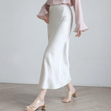 Fashionkova maxi skirt long satin grey silk white Women's formal occasion prom party office evening dress elegant high waist solid color