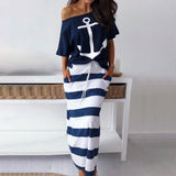Fashionkova  Women Off Shoulder Dress Sets Summer Letter Printed Blouses And Striped Maxi Dress Casual Two Pieces Sets Ankle Length Dresses